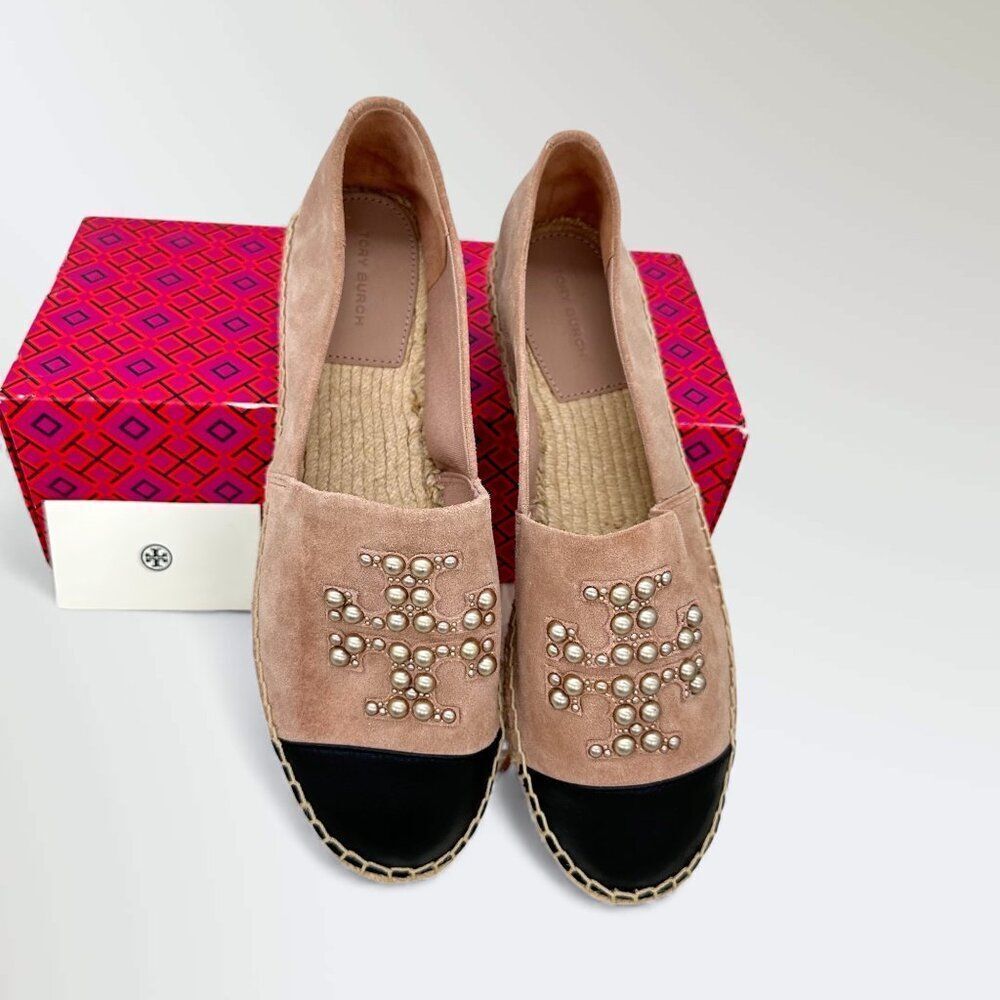 Tory Burch Pearl Logo Espadrille Flats Sensory MFO Suede Meadowsweet Womens 10